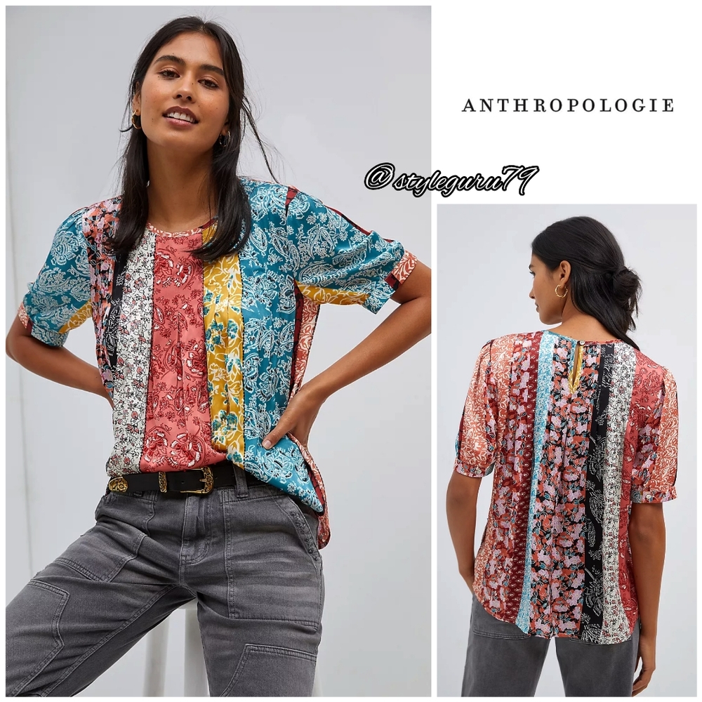 NWT, Anthropologie, Beaded Floral Mixed Print Blouse